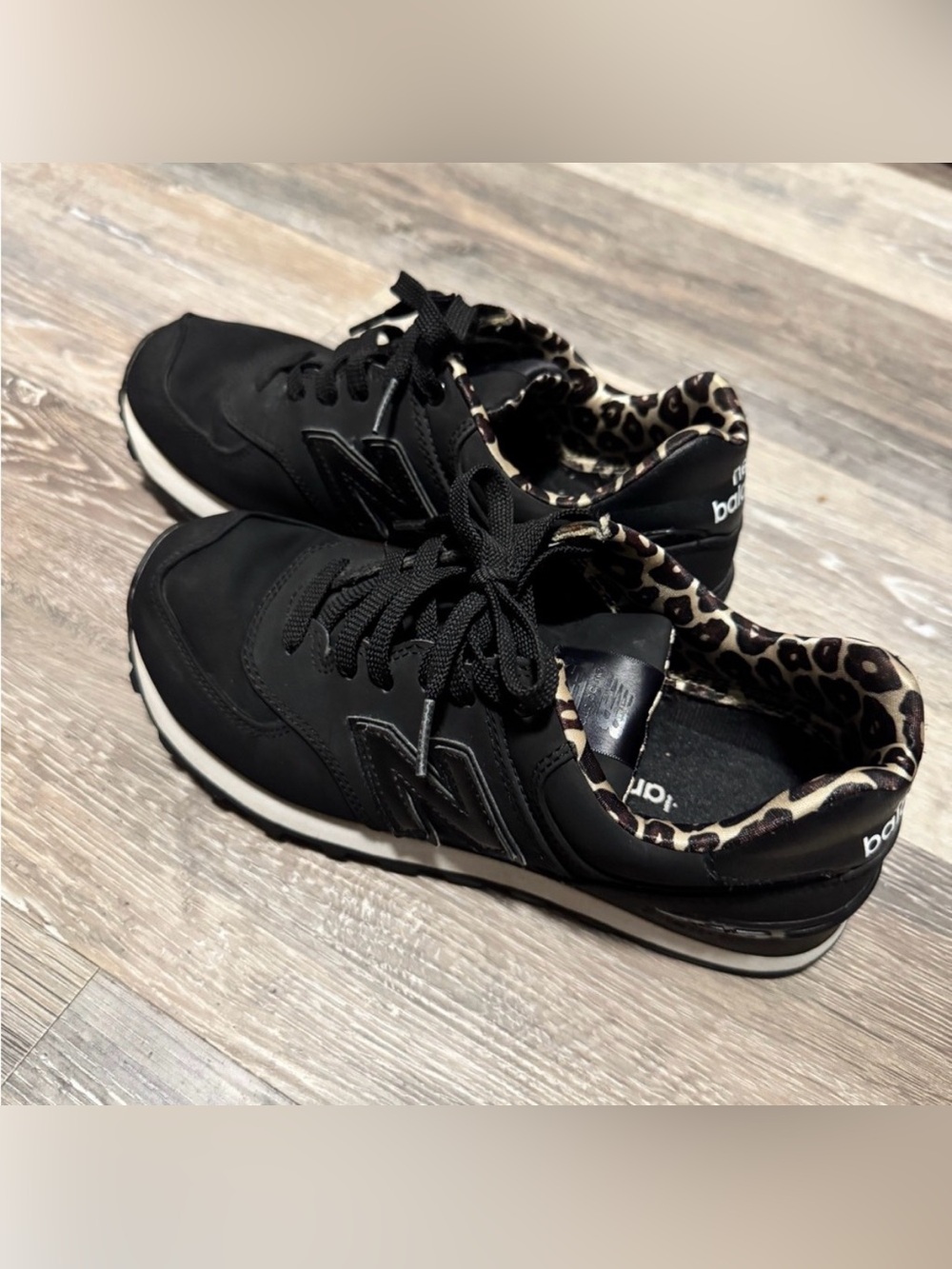 New Balance 574 Black Leather & Leopard Print Sneakers